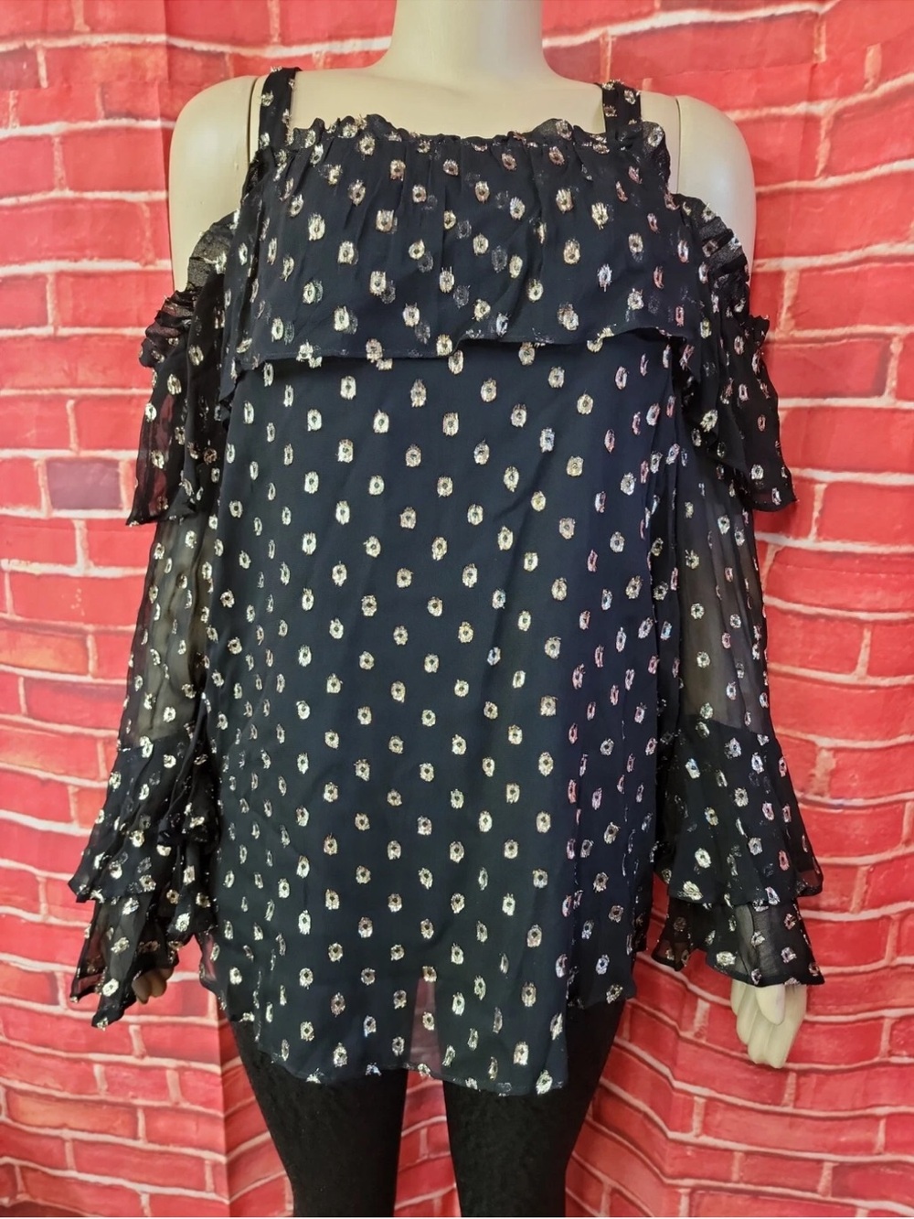 LOFT Black gold Cold-Shoulder Ruffle Blouse